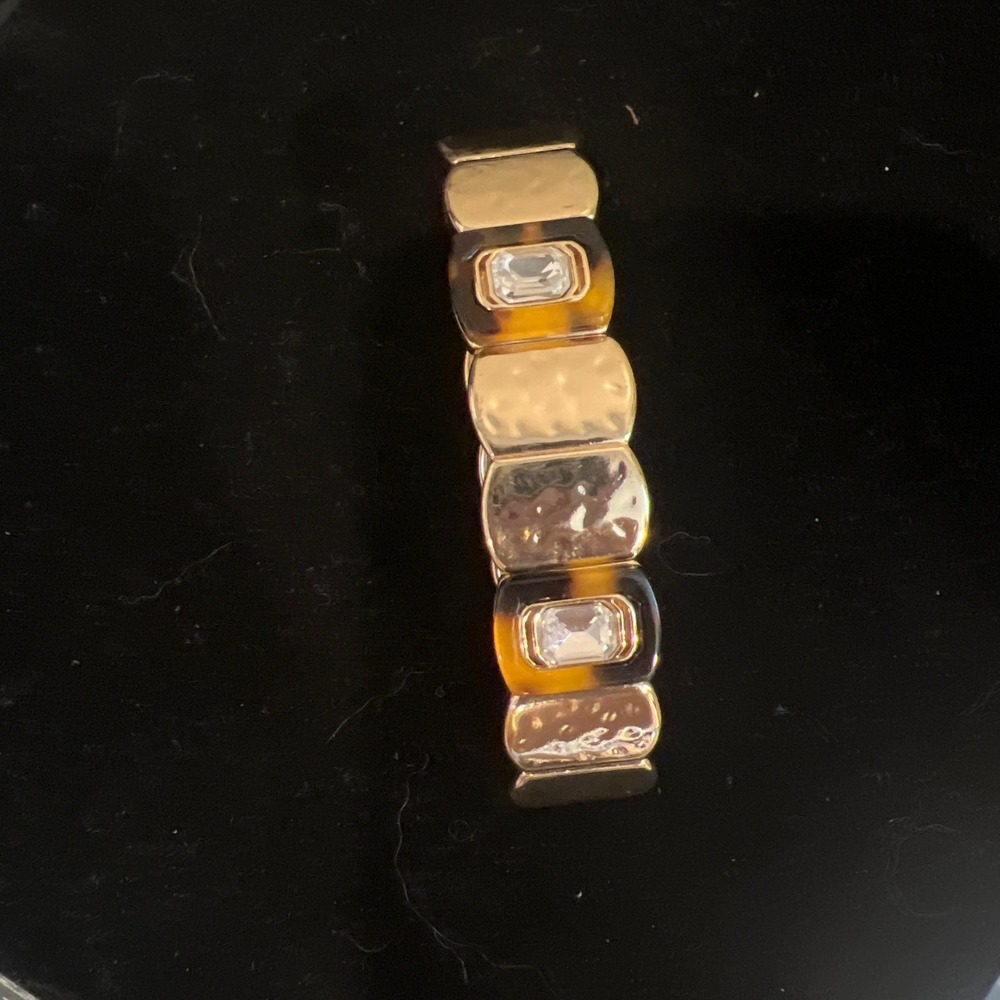 Lilly Pulitzer Tortoise Shell Rhinestone Hammered Gold Tone Stretch Bracelet Vtg